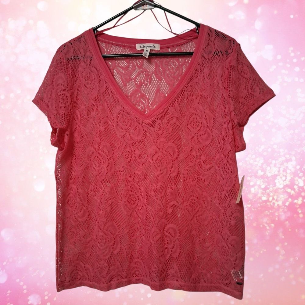 Aeropostale Women's Pink Crochet Knit Floral Design V Neck Top  Size XL NWT
